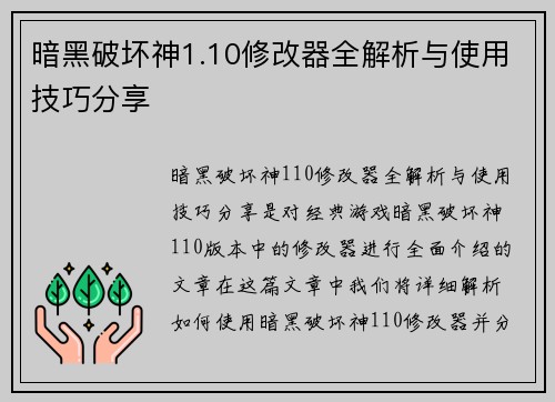 暗黑破坏神1.10修改器全解析与使用技巧分享
